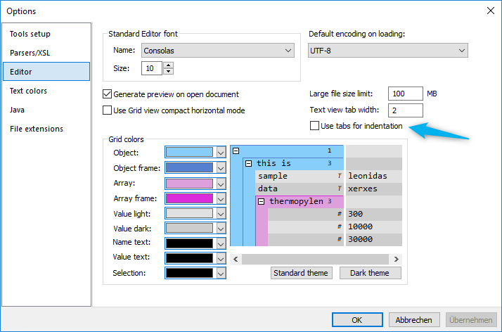 Option to use tab or space for indentation