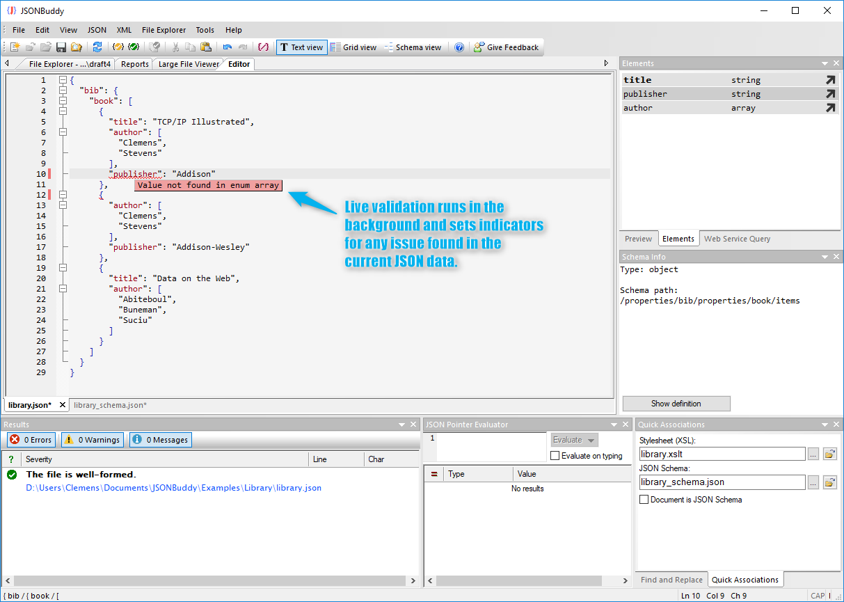 JSON validator runs in the background in the editor